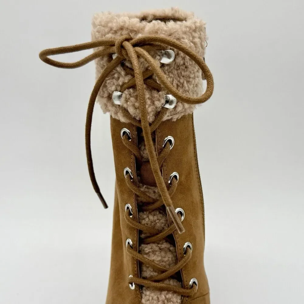 JESSICA SIMPSON Ankle Boots Women's Sz 5.5 Tan Stiletto Heel Vegan Faux Fur Cuff